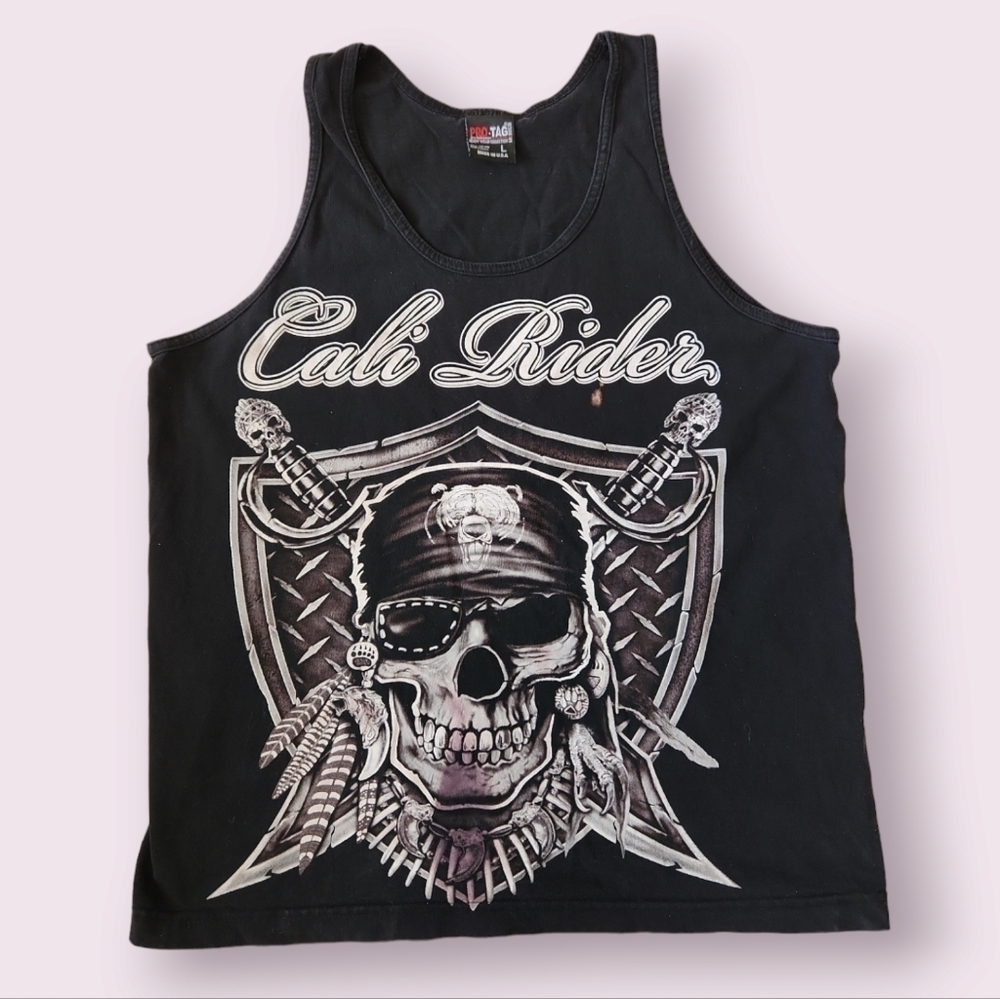 Vintage Cali Rider Made in USA Biker Skull Graphic Tank Top Black Men's Size‎ L